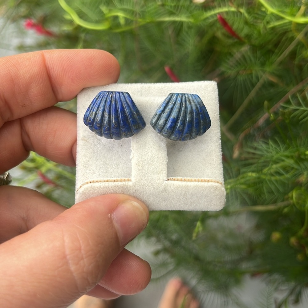 VTG Carved Antique Blue Lapis Earrings with Sterling Silver Posts